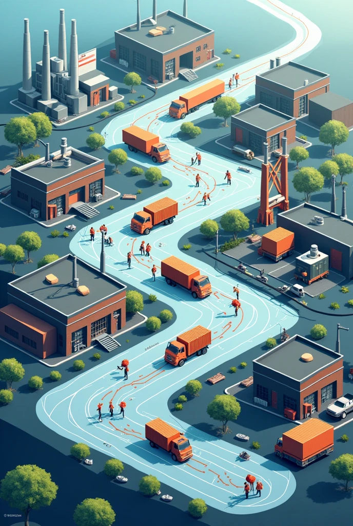 Create a picture of a supply chain, in which the steps necessary for the product to reach the final customer are seen