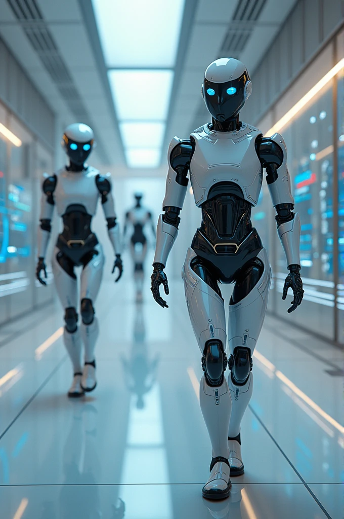 Feature futuristic gadgets and robots in action. Show scenes of advanced AI interfaces, smart assistants, or high-tech devices.