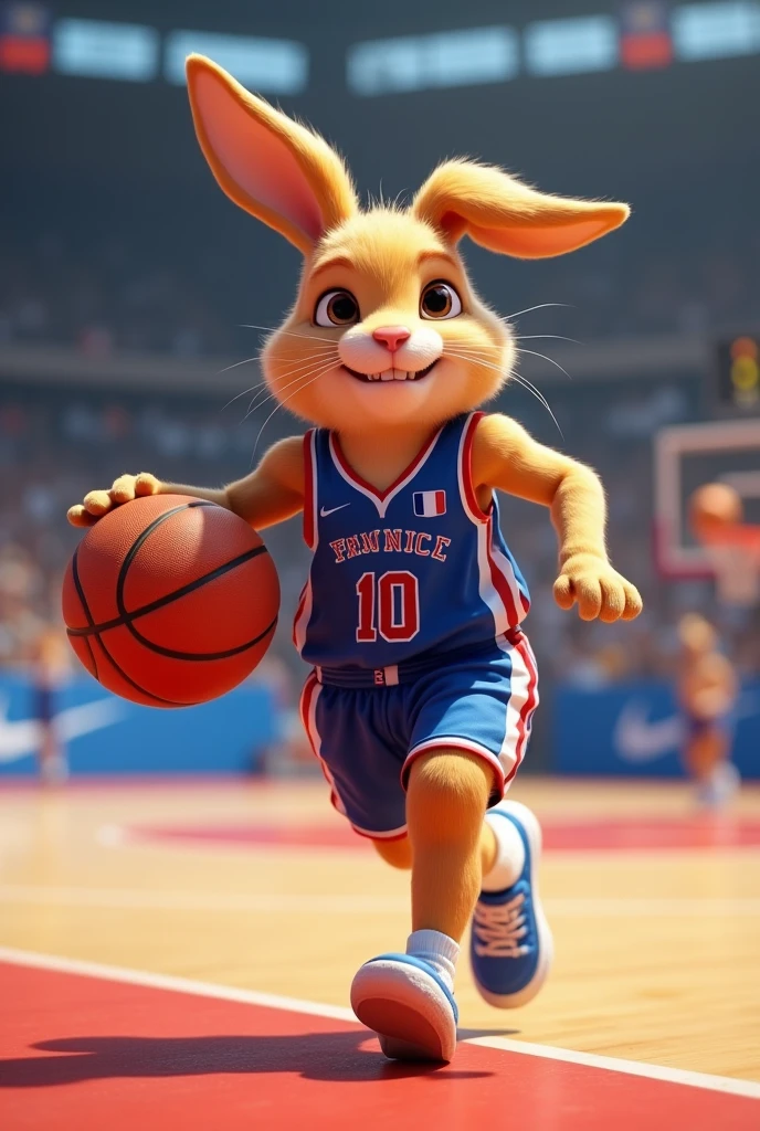 Une lapine qui joue au basket-ball equipe de France avec une  tete de golden retriever avec tete de chien marron