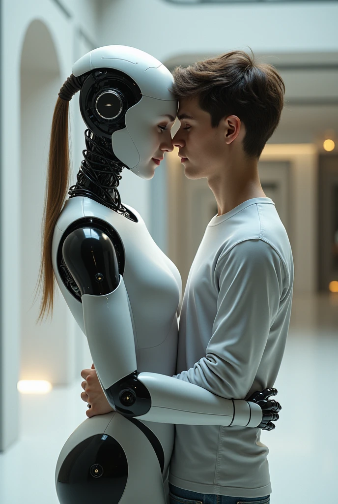 A robot woman hugging a 20-year-old boy