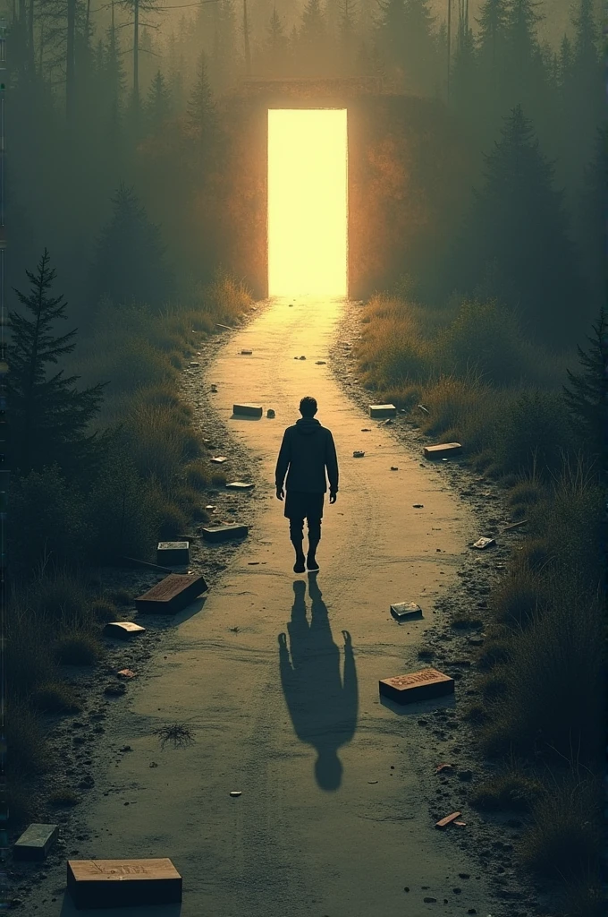 ** "A person walking down a road filled with broken signs and obstacles, but at the end of the road, there is a bright door, symbolizing success through perseverance. The background is a mix of shadow and light."