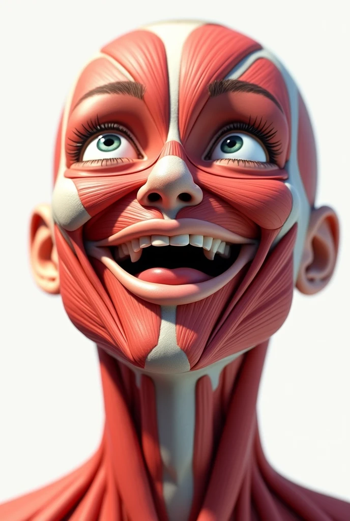 Facial muscles smiling and looking up and to the left side without skin