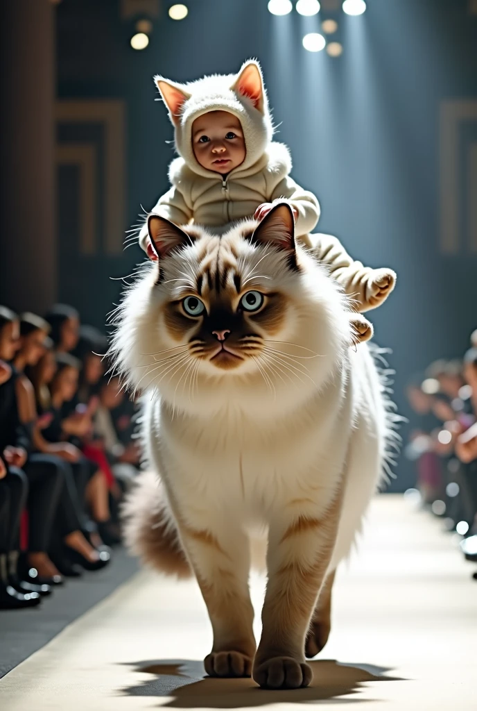 Exaggeratedly detailed newborn baby in a Himalayan cat fur costume rides on top of a large Himalayan cat walking in a real fashion show