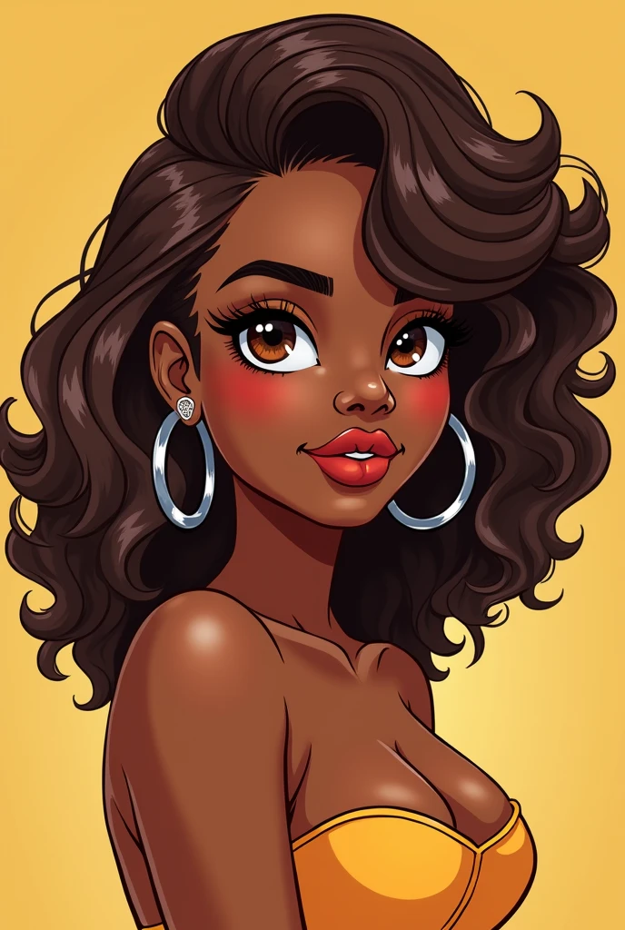 cartoon beautiful black woman curvy body brown eyes curly brown half up half 
down hair large silver  earrings