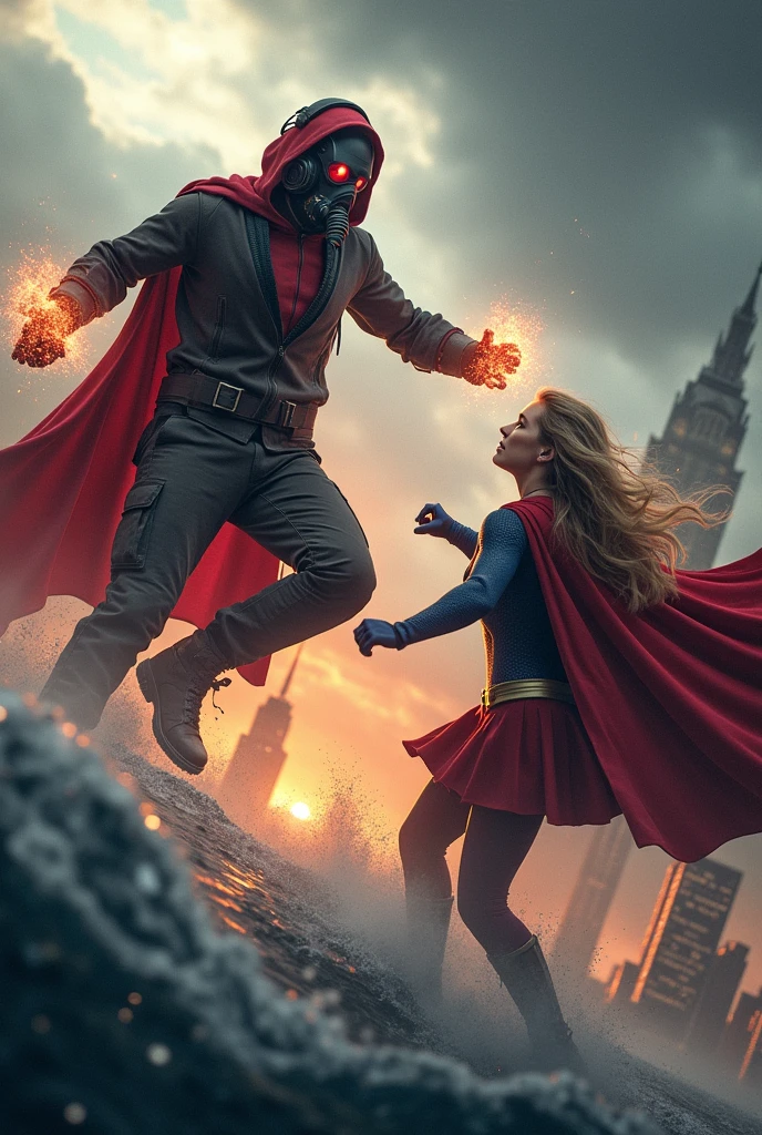 Young Star-lord with red hoodie, headphones, star-lord helmet, gas helmet, covered mouth, round red eyes, Red eyes, magic rings in the hands and rocket boots vs, SuperGirl, Fighting, power, fiction, full body, hug, fall, fire in boots, poweful spells, realistic, helmet, mask, red cape, confrontation, punch, gun, flying in the sky, view of the city from above, rain, fighting, Black gloves, ocean floor, face cover, free hair, front cover