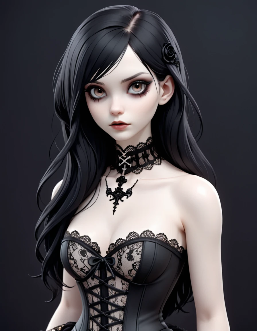gothic girl, clear brown eyes, porcelain white skin, long loose black hair, No hair accessories, black lace and corset dress. gothic background, 3D.