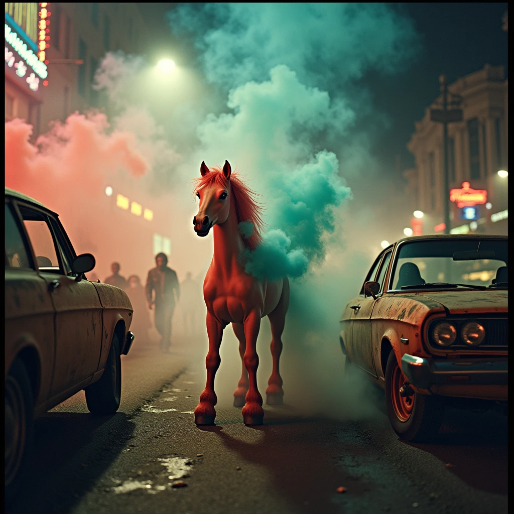 A cinematic funny side view of a pony formed by smoke colors. In the background, people are screaming and running. There are cars with a metal oxide finish nearby. The scene is set during a polar night. The photo has a retro style and a vintage feel. The resolution is 4k.kodak ultra