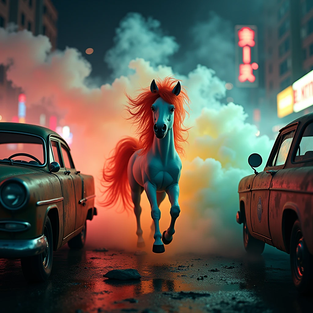 A cinematic funny side view of a pony formed by smoke colors. In the background, people are screaming and running. There are cars with a metal oxide finish nearby. The scene is set during a polar night. The photo has a retro style and a vintage feel. The resolution is 4k.kodak ultra