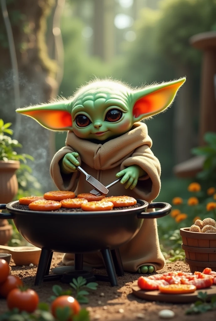 Baby yoda making barbecue