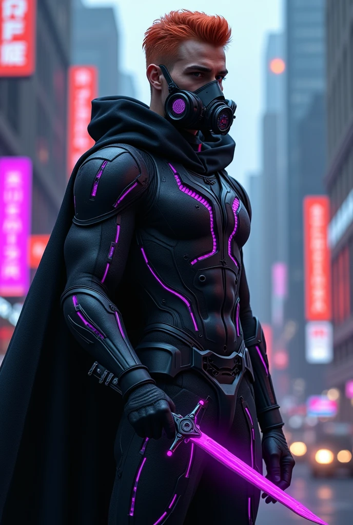 Young handsome man with short orange hair slicked back, wearing a futuristic style black gas mask, a black technological armor with purple details in a futuristic style, A black hooded cape, holding a purple futuristic knife, dystopian night city, Masterpiece artwork, precise, detail, 3D rendering, conceptual artwork, digitl art, macro photography,