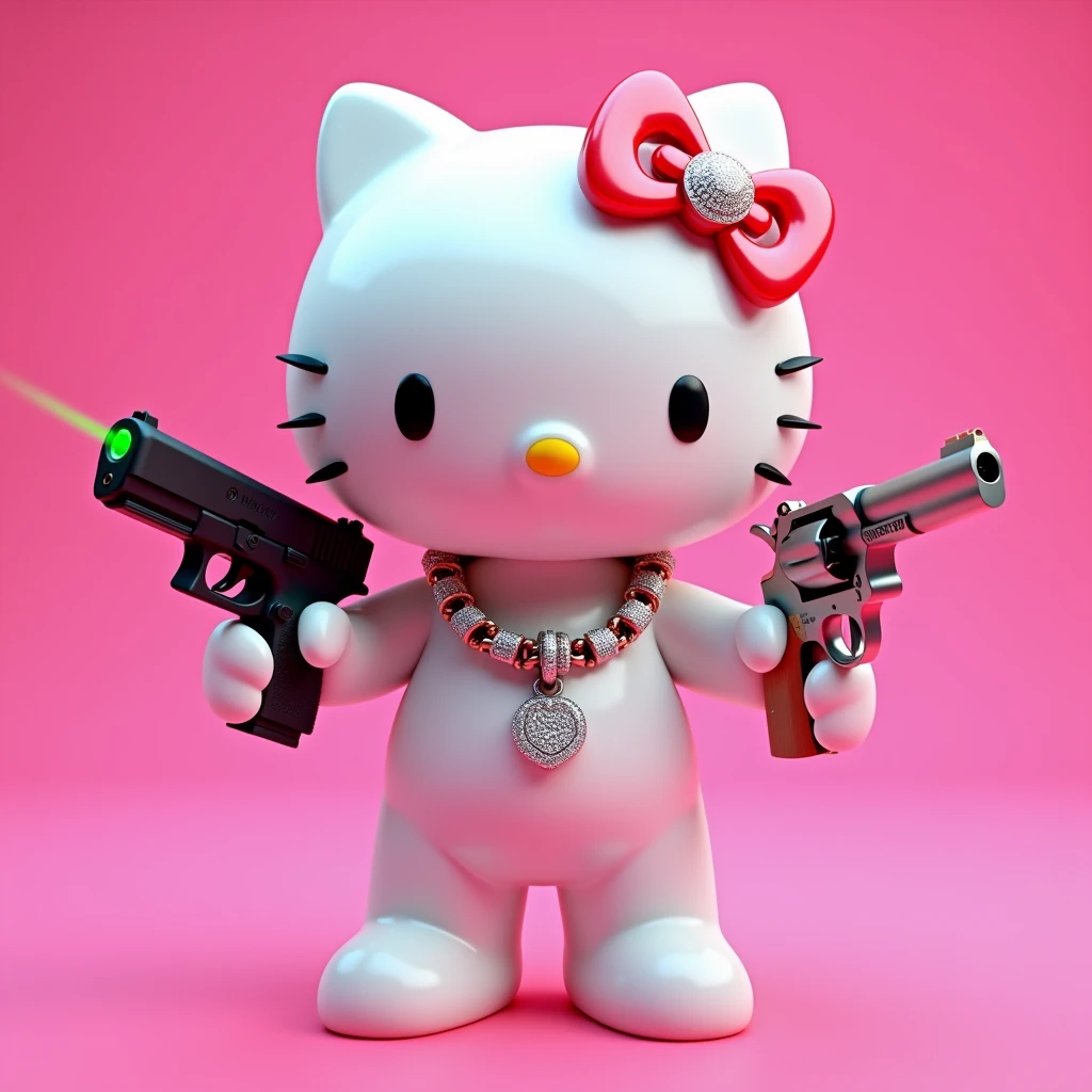 (Hello Kitty white)(3D format)(Pink background) In his left hand he holds a black Glock (This Glock has a powerful green neon laser in sight.) In his right hand he holds a steel-colored Model 38 revolver.. (On her neck she has some diamond Cubans)