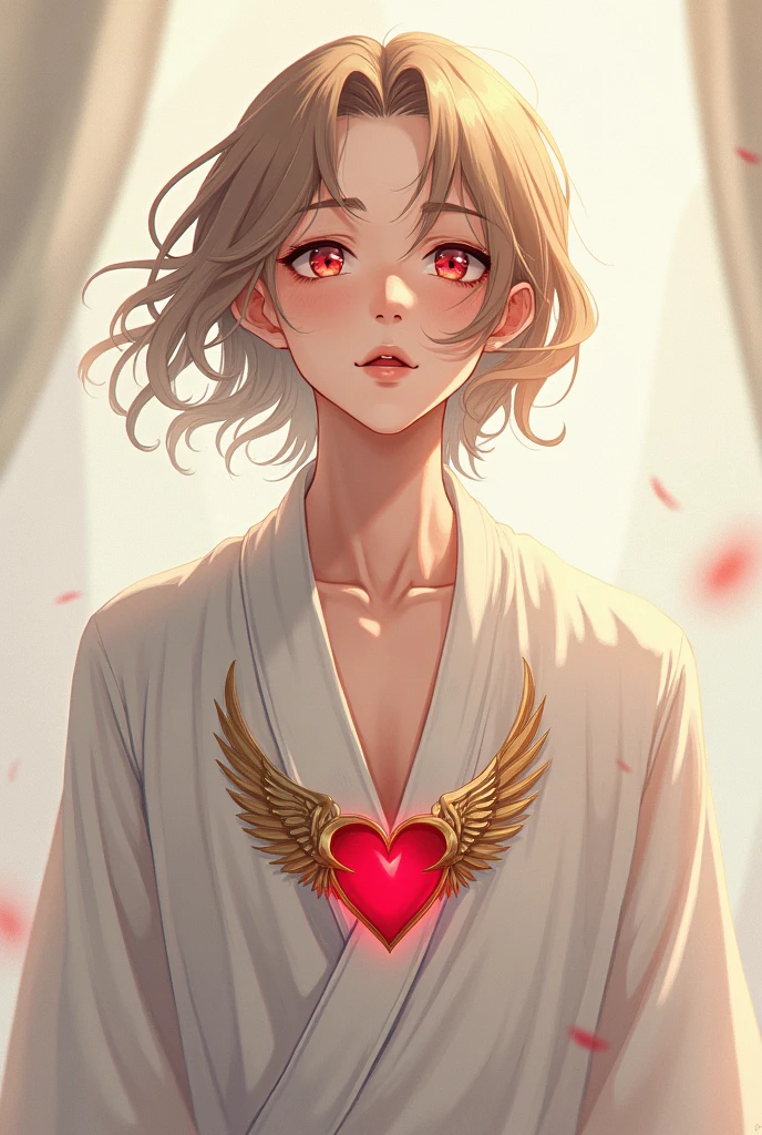 a young half-elf man with delicate, feminine features and shoulder-length light brown hair wearing white robes with a winged red heart symbol drawn on the clothes at chest level, singing.
anime style