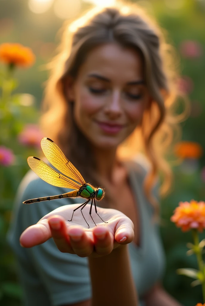 close-up of a colorful dragonfly, shimmering wings and bright green eyes, sitting on a woman's hand. The woman sits peacefully in her garden, surrounded by vibrant flowers and greenery, the scene capturing a moment of quiet reflection and natural beauty. The dragonfly should be small and sunlight should be glistening off its eyes