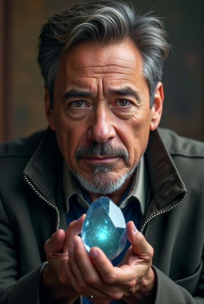 Robert Downey Jr., with clean shaven  and jacket, is watching the camera, Old, Portrait of Robert Downey Jr holding the Soul stone,  a old man, old man portrait, hyper-detailed portrait, Wise Robert Downey Jr, beautiful art, 80-year-old Robert Downey Jr, 4K portrait, Handsome men, Portrait of an old man, of an old man, looking old, Wrinkled face, Contemplative.