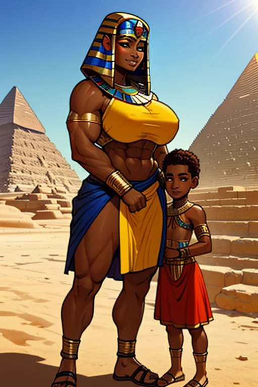 Very huge muscle female ancient egytpian warrior protecting a kid, with adoring look, extremely tanned, dark skinned, huge pecs, oiled skin, sunny, ancient egypt, pyramid on the background