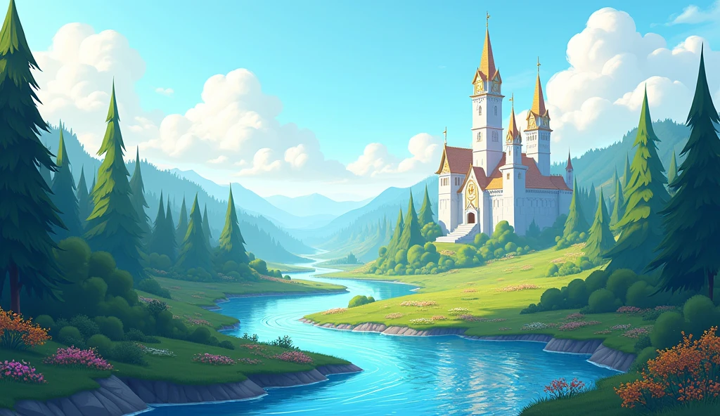 **Background and Horizon:**
- Create a light blue background for the sky, ensuring that it stretches across the entire width of the image. Add some fluffy white clouds with soft edges floating in the distance to create a sense of tranquility.
**Majestic Castles:**
- Place grand castles on the horizon. They should be tall, with pointed towers and imposing walls. Use vibrant colors like white, gold, and pastels for the structures to convey majesty and elegance.
**Dense Forests:**
- Add a vast area of forest around the castles. The trees should be tall and dense, with green canopies and varied foliage. Include trees of different sizes and shapes to create depth and realism.
**Glowing Rivers:**
- Add rivers winding through the landscape. They should have bright, sparkling waters that reflect the sunlight. Use shades of blue and green for the water and add small sparkles or reflections for a shimmering effect. **Additional Details:**
- Add elements of vegetation along the rivers and around the forests, such as wildflowers and shrubs. These details should be colorful and varied to bring life and richness to the scene.
**Atmosphere:**
- The atmosphere should be calm and enchanting, conveying a sense of peace and serenity. Use soft, diffuse lighting to avoid harsh shadows and create a welcoming environment.
**Framing:**
- Make sure the image is framed in a panoramic way to capture the vast expanse of the kingdom. Maintain a balance between the castles, forests and rivers to ensure that all the elements complement each other and contribute to the visual harmony.
2D, cartoon.