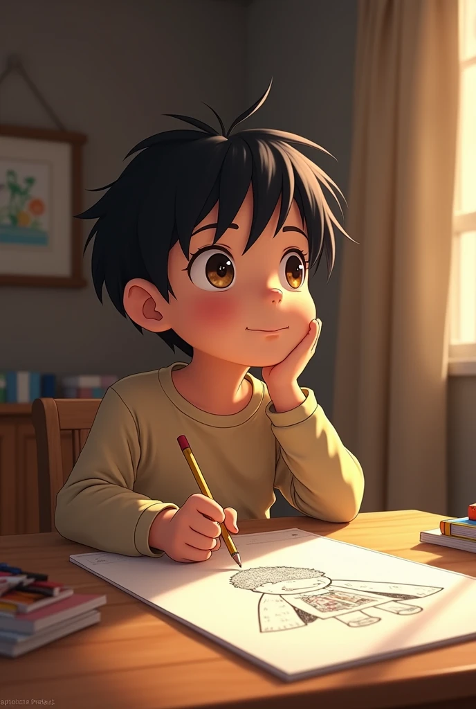 Image of a black-haired boy, brown dark eyes, with white skin color, looking slightly upwards thinking with a pencil in hand at a table in his room , while finishing a drawing