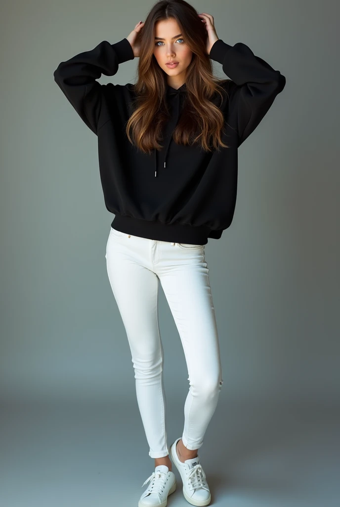 beautiful European girl with blue eyes and brown hair, she is standing with her legs fairly apart, she has her hands in her hair, she is wearing a black hoodie, she is wearing white sneakers and white jeans, ultra High resolution, (fotorrealista: 1. 4), High resolution, (finely detailed skin), (blue eyes), (perfect proportions) (realistic photos) (masterpiece) (fotorrealista), ultra-realistic (Best quality) (detailed) photographed with a Canon EOS R5, 50mm lens, f/2.8, (8k) (Wallpaper) (cinematic lighting) (dramatic lighting) (complex) mode. 