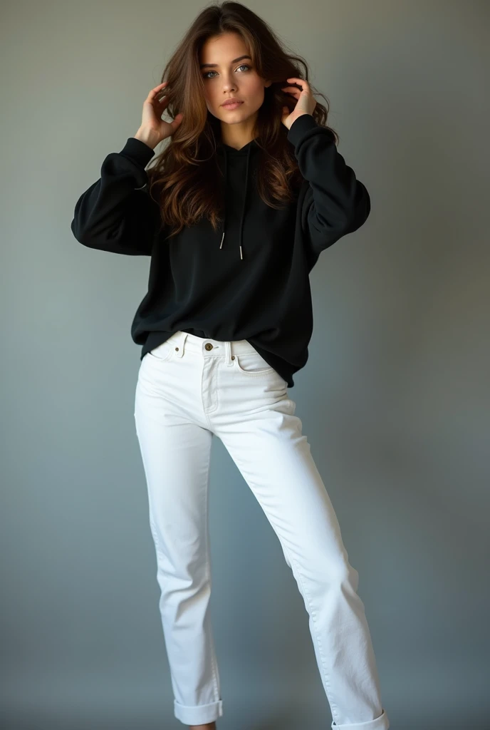beautiful European girl with blue eyes and brown hair, she is standing with her legs fairly apart, she has her hands in her hair, she is wearing a black hoodie, she is wearing white sneakers and white jeans, ultra High resolution, (fotorrealista: 1. 4), High resolution, (finely detailed skin), (blue eyes), (perfect proportions) (realistic photos) (masterpiece) (fotorrealista), ultra-realistic (Best quality) (detailed) photographed with a Canon EOS R5, 50mm lens, f/2.8, (8k) (Wallpaper) (cinematic lighting) (dramatic lighting) (complex) mode.