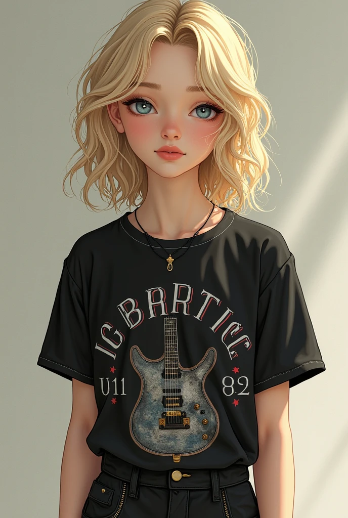 (masterpiece, Best Quality, High resolution: 1.4), detailed, intricate details, 4k, touch of color, Line art, French Victorian style Detail. jovencito androgino wavy hair rubio, delgado, wavy hair, grayish blue eyes, smooth skin, White skin, delgado, smiling, gentle. delicate. Clothing detail Dress with black rock print t-shirt and shorts