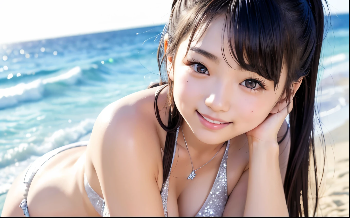 (Highest quality,masterpiece:1.3,Ultra-high resolution),(Very detailed、Caustics) (Realistic:1.4, RAW shooting、)Ultra-Realistic Capture、Very detailed、Natural skin texture、masterpiece、(Japanese woman wearing a silver glitter bikini:1.3),Adorable expression、Expressions of happiness、、height: 155cm、、Amazingly cute、Twin tails、Straight hair、Scrunchie、Black Hair、light makeup、necklace、H-cup busty、Shining thighs、Background details、smile、An inviting gaze、Anatomically correct、Attention to detail、This was taken on a beach in Okinawa in the summer.、Empty Hands、face down on the sandy beach