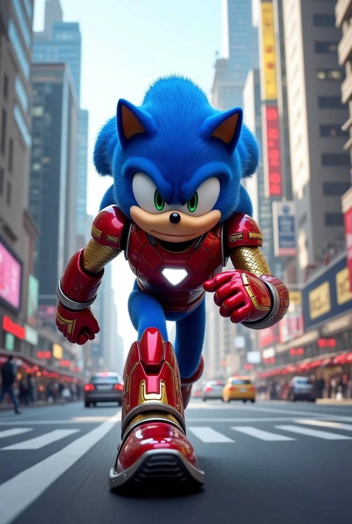 Sonic dressed as Iron Man running in the.middle of the city