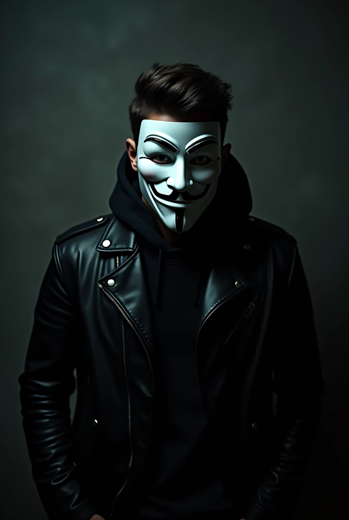 a young man with a guy fawkes mask in a dark room. he is wearing a leather jacket and looking at the camera.
