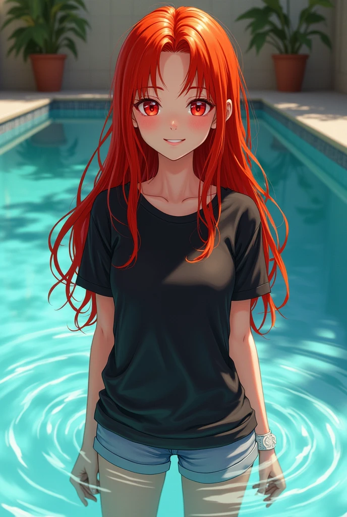 (masterpiece, Best Quality, High resolution: 1.4), detailed, intricate details, 4k, touch of color, Line art, Fibonacci. detail. Mujer slim, young girl, long red hair, Waist length hair, Red eyes, smooth skin, White skin, slim, smiling, gentle. detail vestida con playera negra de rock y short. in pool
