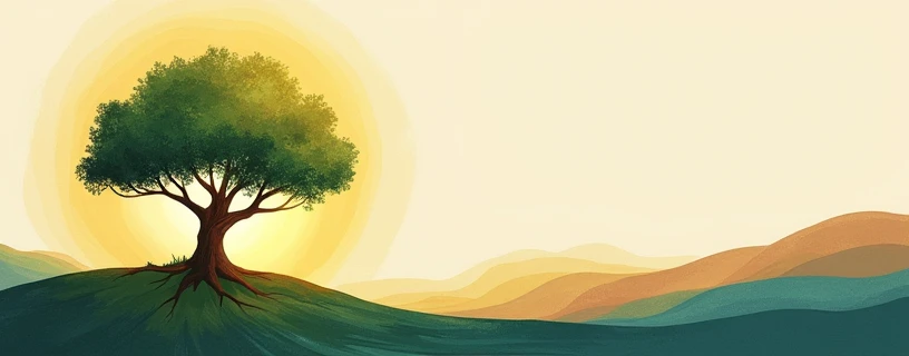 "Design a Facebook cover image for a channel focused on holistic well-being and personal development. The central element should be a stylized, hand-drawn tree with a soft, glowing halo around its canopy, symbolizing growth, balance, and vitality. Use a neutral color palette featuring earthy tones like deep greens, warm browns, and soft blues, avoiding overly feminine hues to maintain broad appeal.

Position the tree slightly off-center to the left or right, leaving ample space on the opposite side for potential text placement in future updates. The halo around the tree should emit a subtle, warm light, creating a focal point that draws the viewer's attention while still allowing for the text space to remain uncluttered.

The background should be simple and clean, with perhaps a gradient sky or soft natural textures that complement the tree and add depth without overwhelming the design. The overall look should be calm, inspiring, and versatile, making it suitable for a wide audience interested in personal growth and well-being."