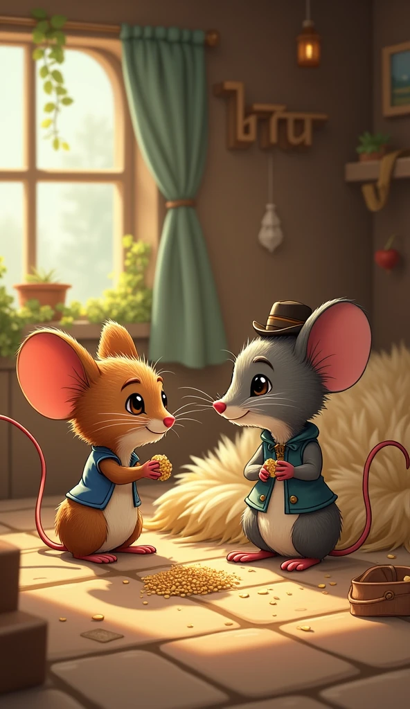Setting: Back in the cosy country home, with a peaceful atmosphere.
Visuals: The country mouse, now back in his small, cosy home, breathes a sigh of relief. He is seen relaxing on his straw bed, nibbling on some simple grains. He looks content and happy, his brown fur and bright eyes shining with peace. The city mouse, now visiting him again, looks on, understanding his cousin’s choice. The city mouse, still dressed stylishly, realises that luxury isn’t everything, and nods in agreement as the country mouse explains why he prefers his simple life.
The country mouse, a small and gentle-looking mouse with brown fur and bright, kind eyes, He is wearing a little blue vest and appears to be in his late teens, full of energy and warmth.
The city mouse is sleek and grey, with sharp eyes and a small hat perched on his head. He looks a bit older, maybe in his early twenties, and has an air of sophistication.
Show as cartoons