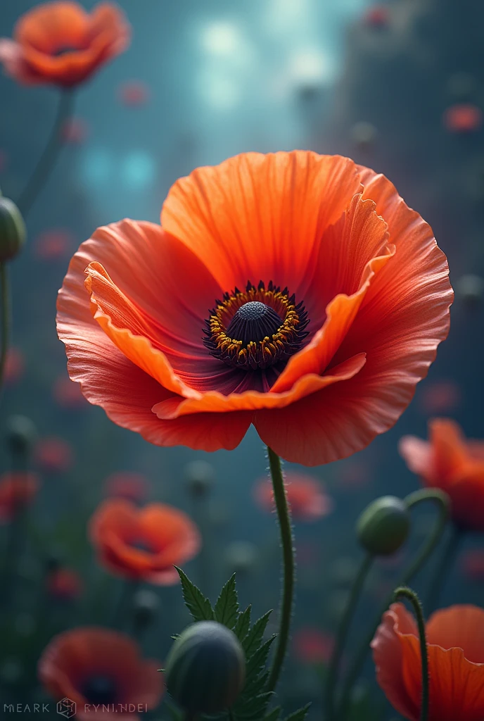 Create a 3d poppy image with an extraordinary background 
