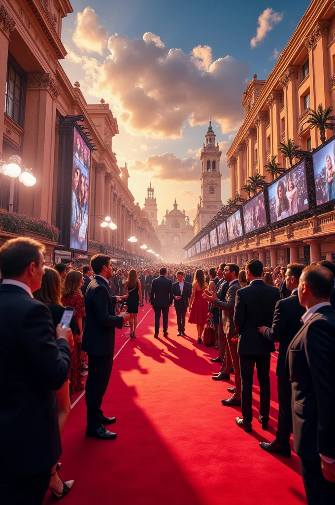 Include glamorous red carpet events, celebrity interviews, or popular TV show clips. Use images of movie posters or famous actors.