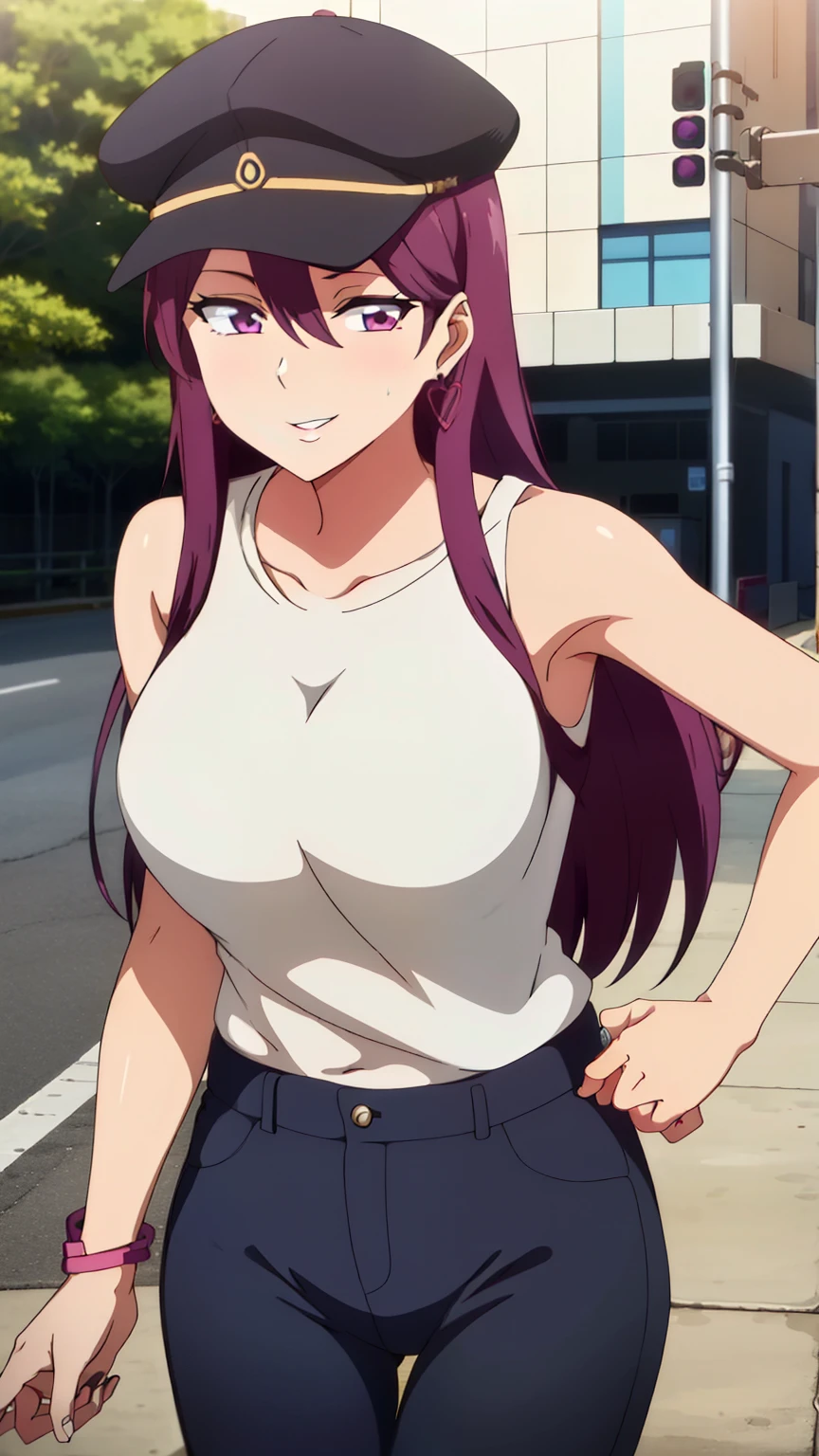 (masterpiece, best quality, high resolution, 8k:1.2), anime coloring, one girl, Sasaki Yukina, purple hair, long hair, bangs, (Smiling face, cap, earrings, patterned T-shirt, sleeveless, pants, multiple bracelets, accessories, city, road, daytime), sexy pose, natural lips, beautiful face, beautiful big breasts, slim waist,
looking at the viewer, center of the image, cowboy shot, dynamic angle, ultra-high definition CG integrated 8k wallpaper, ink, movie light, lens flare, detailed face, beautiful rendering of the Tang Dynasty, Sony master shot, high resolution screenshot, normal hand, bright color, VHS screenshot, skin gloss, beautiful and well-proportioned face