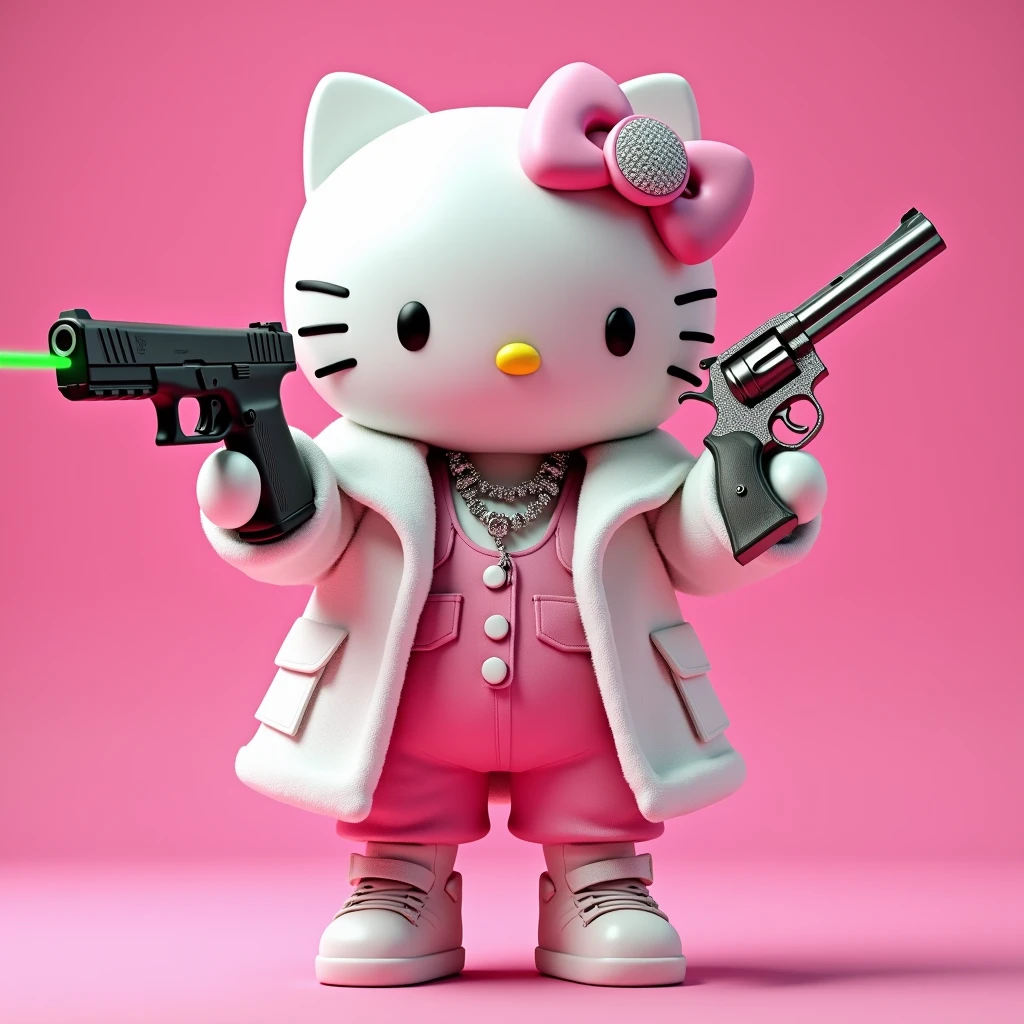 (Hello Kitty white)(3D format)(Pink background)(She is dressed in drill or rag style clothing) In his left hand he holds a black Glock (This Glock has a powerful green neon laser in sight.) In his right hand he holds a steel-colored Model 38 revolver.. (On her neck she has some diamond Cubans)