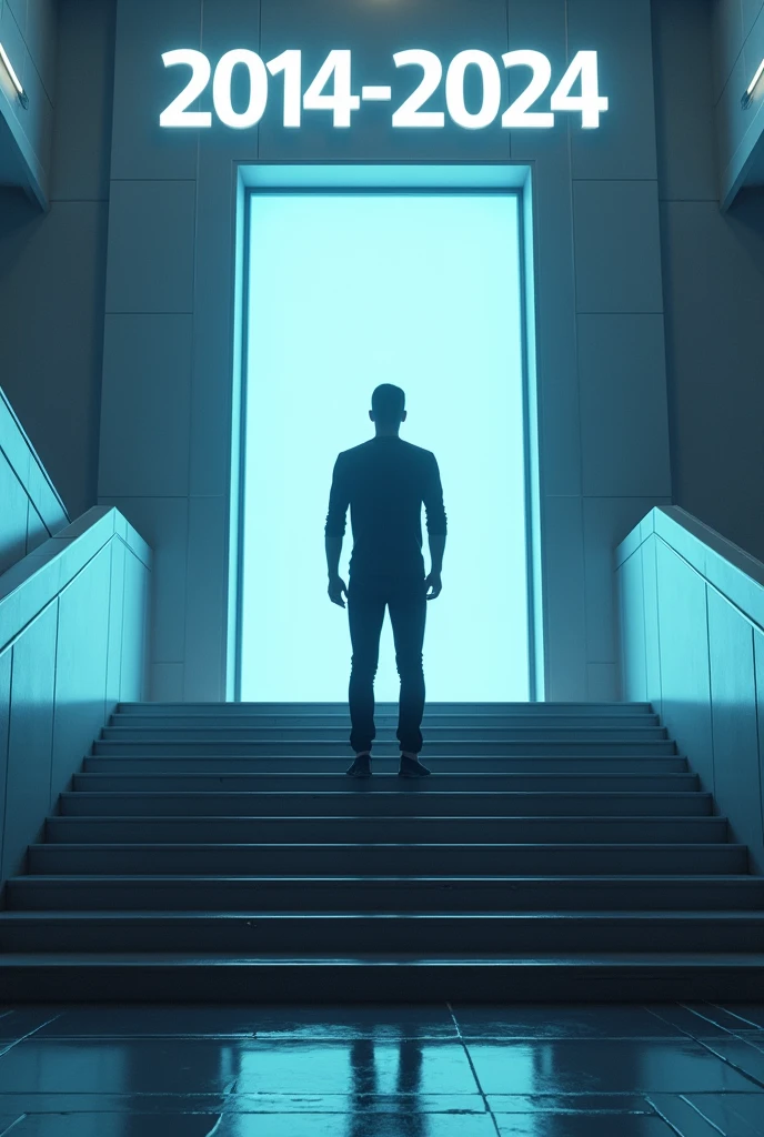 Create a man on top of a futuristic staircase in front of a luminous door.. Above the door it says 2014-2024. The man is wearing casual but very elegant black clothes..