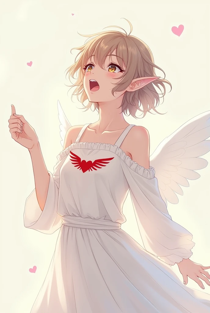 a young half-elf man with delicate, feminine features and shoulder-length light brown hair wearing white clothes with a winged red heart symbol drawn on the clothes at chest level, singing.
 anime style

