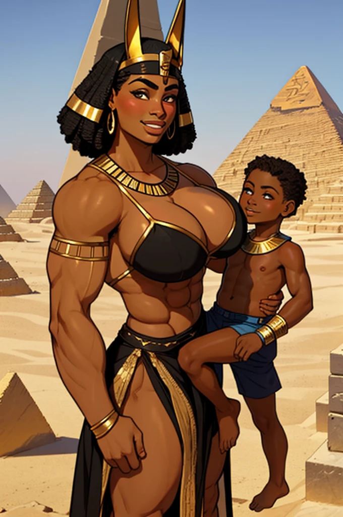 Very huge muscle female ancient egytpian warrior protecting a kid, with adoring look, extremely tanned, dark skinned, huge pecs, oiled skin, sunny, ancient egypt, pyramid on the background