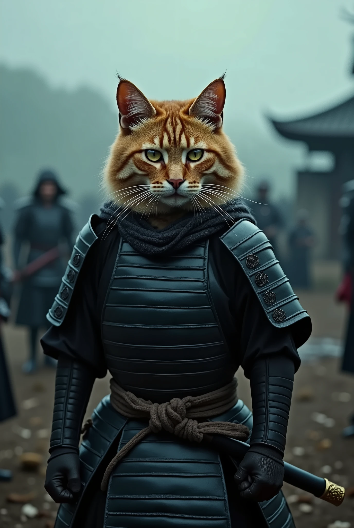 (close up cinematic photo),a samurai cat, battlefield,  2j, colored, Dark atmosphere