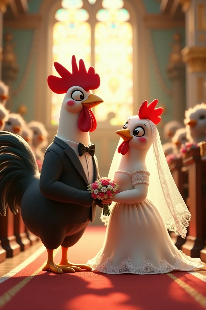 A picture of Rooster get marriage at church with a female hen
