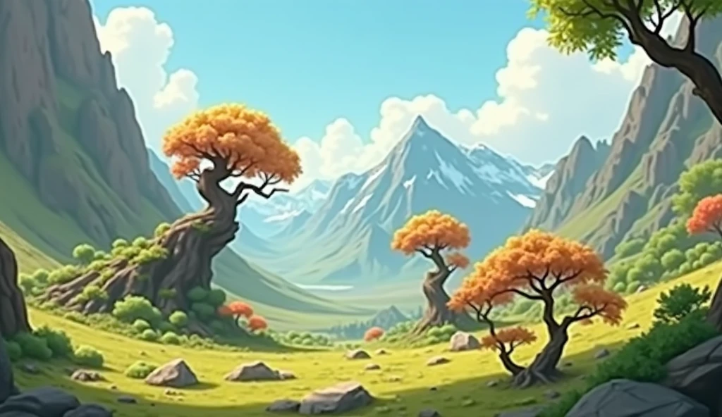 At the top of the mountain there was an ancient tree with brightly colored leaves and flowers that seemed to speak,