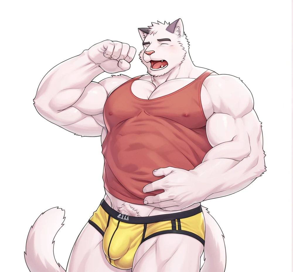 Bara style, kemono, Solo, Bara boy, good anatomy, detailed eyes, detailed fingers, detailed body, cat, white body, blue eyes, pecs, abdomen, muscular, thin, skinny muscular, abdomen, ground, morning, waking up, yawn, boxer, big bulge, yellow underwear with black stripes, facing the door, one hand resting on the door the other one scratching his belly, penis volume in his underwear, laziness, sleepy face, short and messy hair, very hairy, long tail, by arashi takemoto, half body, broad view, leaning against the door, messy hair