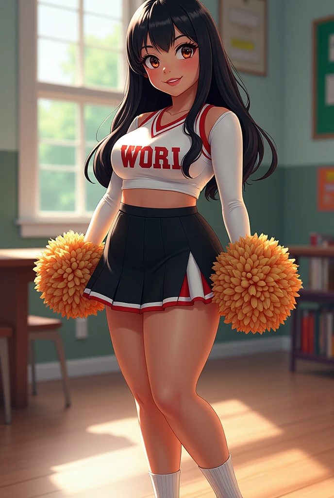 A girl with straight black hair and a chubby body, not so fat, big legs, very pretty face brown eyes, with a black cheerleading skirt and a white long-sleeved shirt with stockings reaching halfway up her legs, some nude sheer stockings with pearls and some Alexander Max Queen shoes 