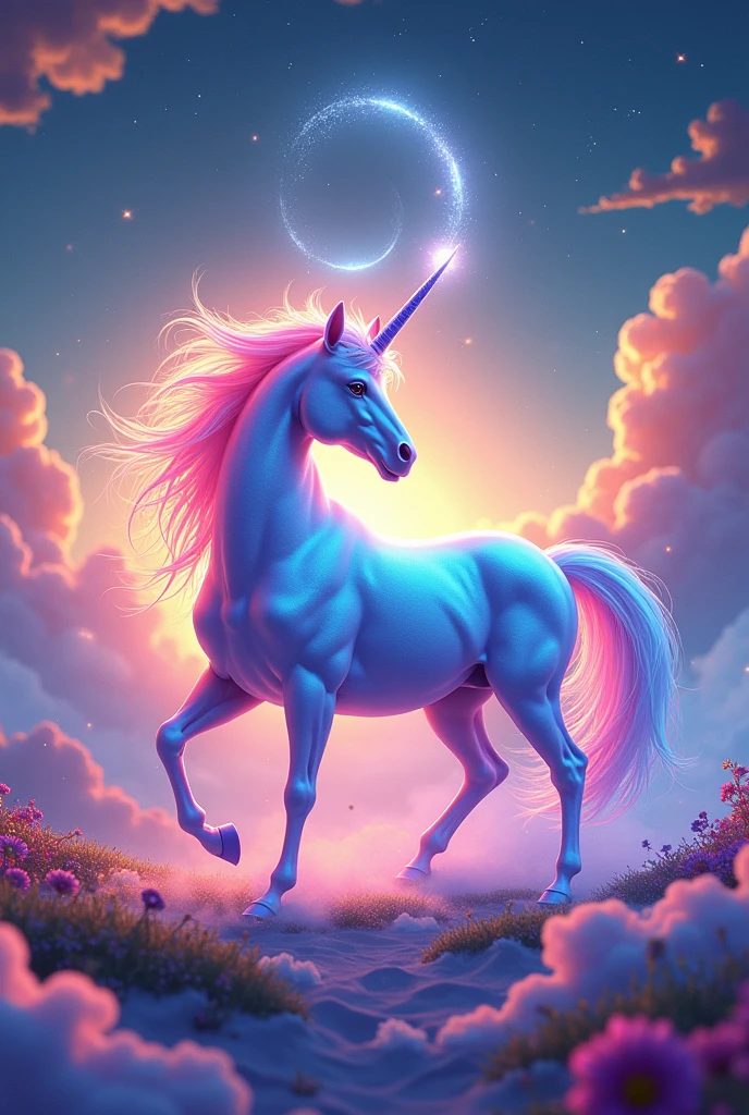 Generate an image that says "trimardite light" with a rainbow unicorn in the background
