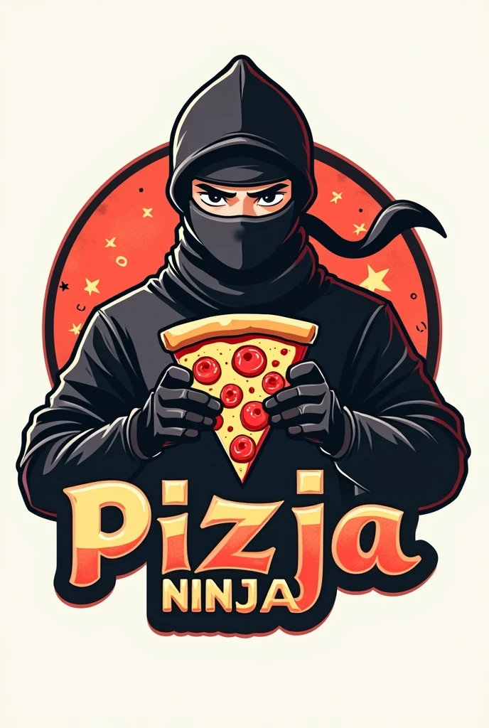 Pizza Ninja Logo, ninja with pizza in hand and the name of the pizzeria written on it "Pizza Ninja"