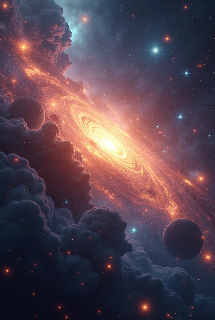 Image of the universe as being created, with spaces and many multicolored lights.