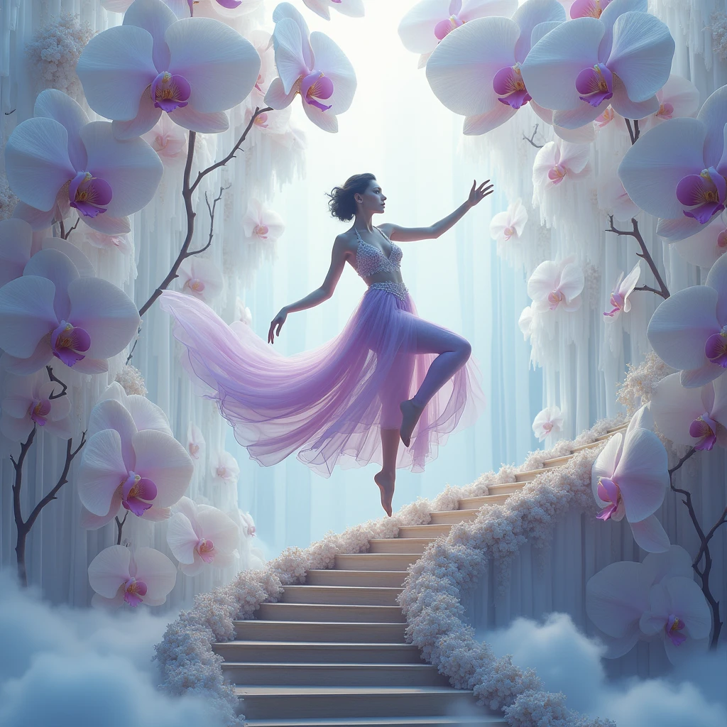 On a white screw, с goldм лестнице, Curved, interesting shape, there stands a cute girl, in extravagant clothes, away from the light fog around and at the feet, minimalist, elegant, pure gentle, Soft bright light, veil, sheer curtains, lace underwear, beautiful white staircase with white flowers along the entire staircase,, photorealistic. Giant White Orchid , with huge and long purple petals. (petal made of thin and soft tulle, flowing petals full background, floating petals, hyperflying petals, at the feet Mixture of purple smoke and fog effects from colored blue fog on the ground and petals). Extravagant, beautiful woman full length, nice legs,shoes, in a fast dance in a flying pose, lace,gold, white staircase, strewn with pale pink and yellow roses, screw gold things,, stair, U-shaped, curved and wooden .