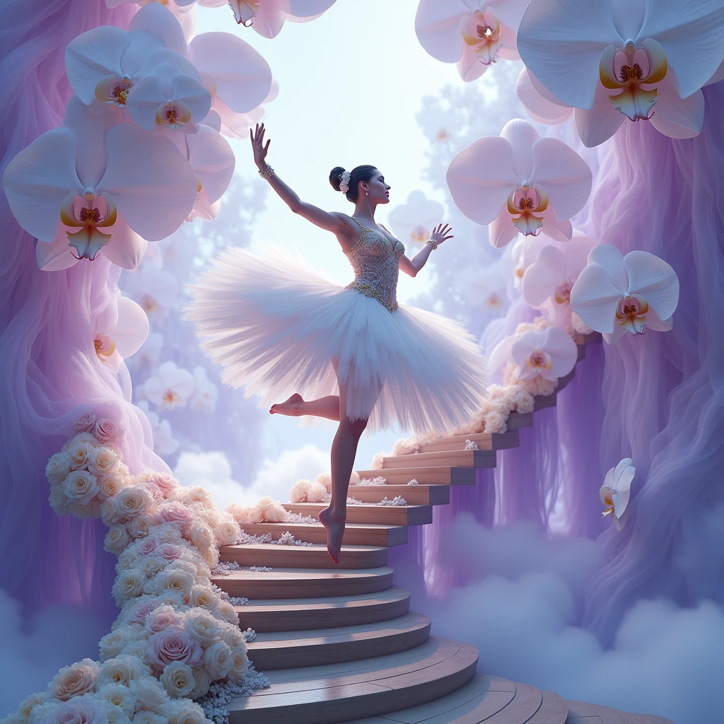 On a white screw, с goldм лестнице, Curved, interesting shape, there stands a cute girl, in extravagant clothes, away from the light fog around and at the feet, minimalist, elegant, pure gentle, Soft bright light, veil, sheer curtains, lace underwear, beautiful white staircase with white flowers along the entire staircase,, photorealistic. Giant White Orchid , with huge and long purple petals. (petal made of thin and soft tulle, flowing petals full background, floating petals, hyperflying petals, at the feet Mixture of purple smoke and fog effects from colored blue fog on the ground and petals). Extravagant, beautiful woman full length, nice legs,shoes, in a fast dance in a flying pose, lace,gold, white staircase, strewn with pale pink and yellow roses, screw gold things,, stair, U-shaped, curved and wooden .