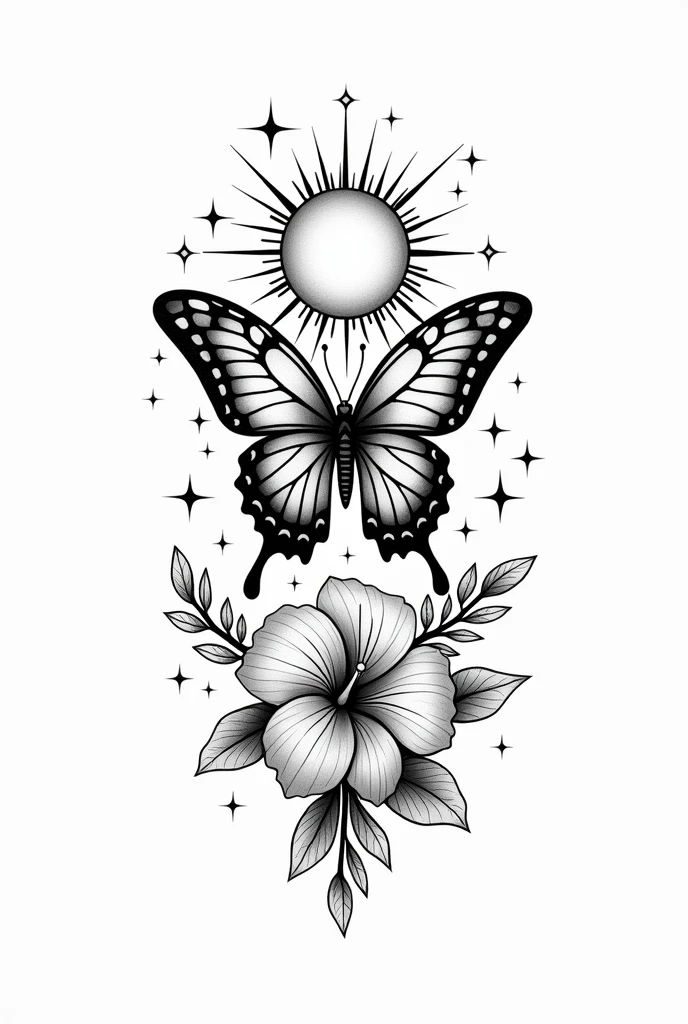 Un tatouage en noir et blanc représentant un papillon fusionnant avec un soleil, entouré de petites étoiles. Le design est lumineux et original, incorporant des arabesques élégantes et des fleurs tropicales comme des hibiscus et des frangipaniers. Le motif évoque les paysages des îles comme la Martinique, avec des éléments naturels stylisés, reflétant à la fois la beauté de la nature et la culture créole. Le style est délicat, avec des lignes fines et des détails complexes pour un rendu à la fois harmonieux et vibrant."

