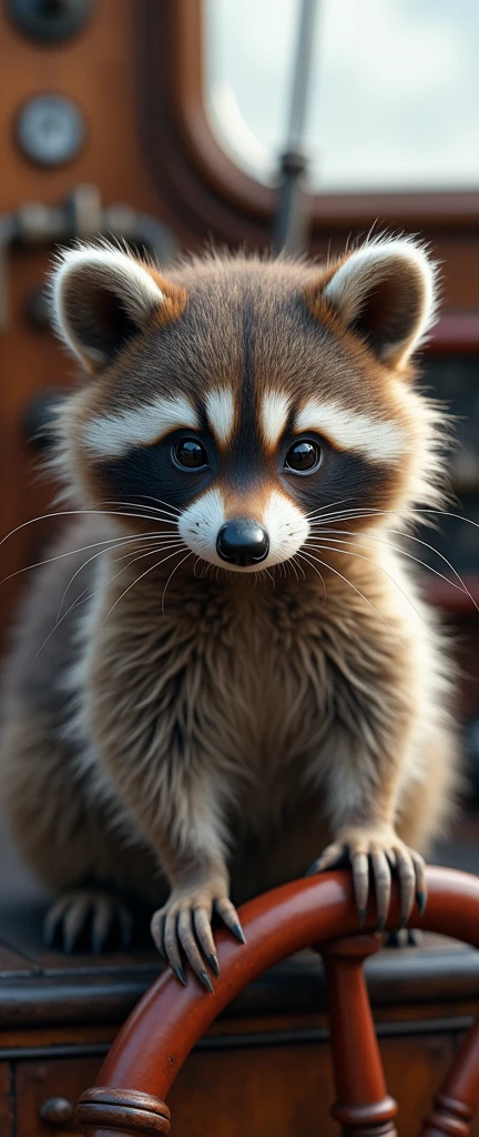 A captivating photograph of a cute extra fluffy baby realistic raccoon (best quality, masterpiece:1.2), /\(wanted/\),(Anya\(SPYXFamily\)),upper body,the background is the ship,navigation,