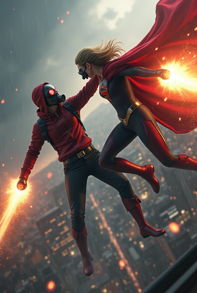 Young Star-lord with red hoodie, headphones, star-lord helmet, gas helmet, covered mouth, round red eyes, Red eyes, magic rings in the hands and rocket boots vs, SuperGirl, Fighting, power, fiction, full body, hug, fall, fire in boots, poweful spells, realistic, helmet, mask, red cape, confrontation, punch, gun, flying in the sky, view of the city from above, rain, fighting, Black gloves, ocean floor, face cover, free hair, front cover